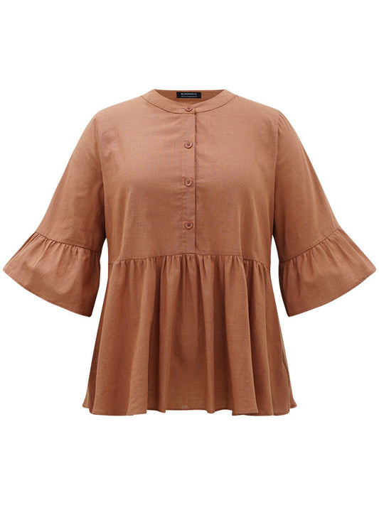 Solid Crew Neck Button Up Flutter Hem Bell Sleeve Blouse