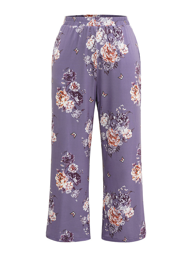 Floral Print Pocket Elastic Waist Sleep Bottom