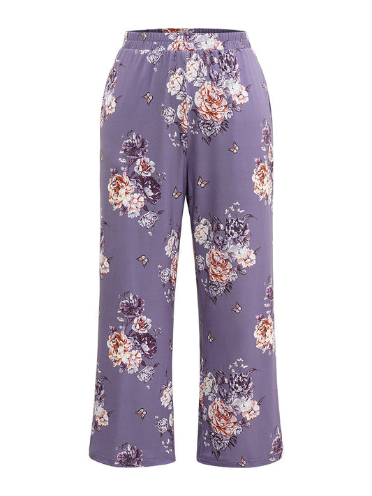 Floral Print Pocket Elastic Waist Sleep Bottom