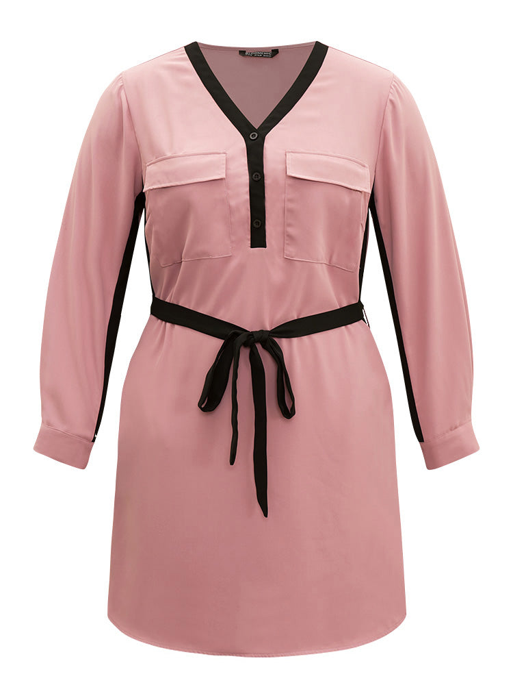 Twill Two Tone Metal Button Up Belted Dress