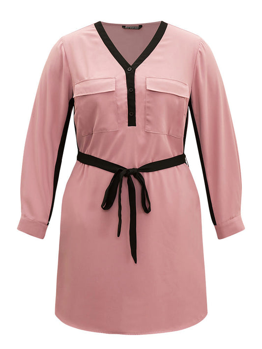 Twill Two Tone Metal Button Up Belted Dress