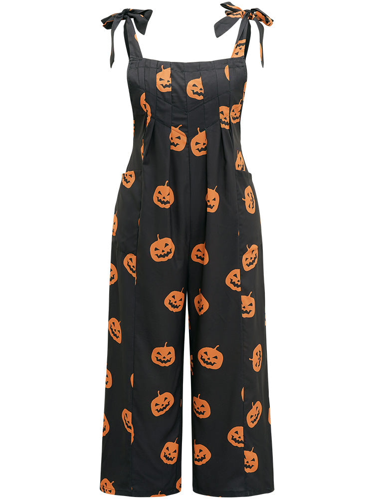Halloween Pumpkin Pleated Adjustable Straps Jumpsuit