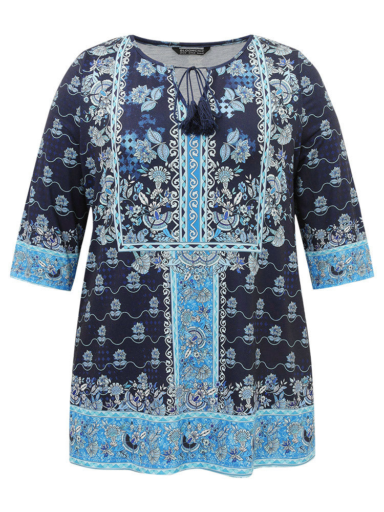 Bandana Print Pocket Tassels Tie Neck T-shirt