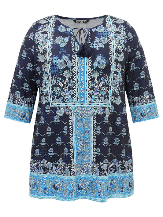 Bandana Print Pocket Tassels Tie Neck T-shirt