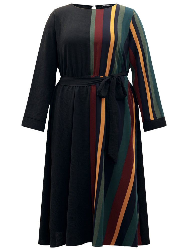 Striped Pocket Patchwork Belted Elastic Waist Dress