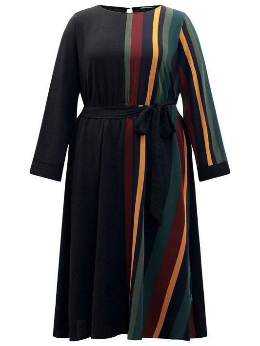 Striped Pocket Patchwork Belted Elastic Waist Dress