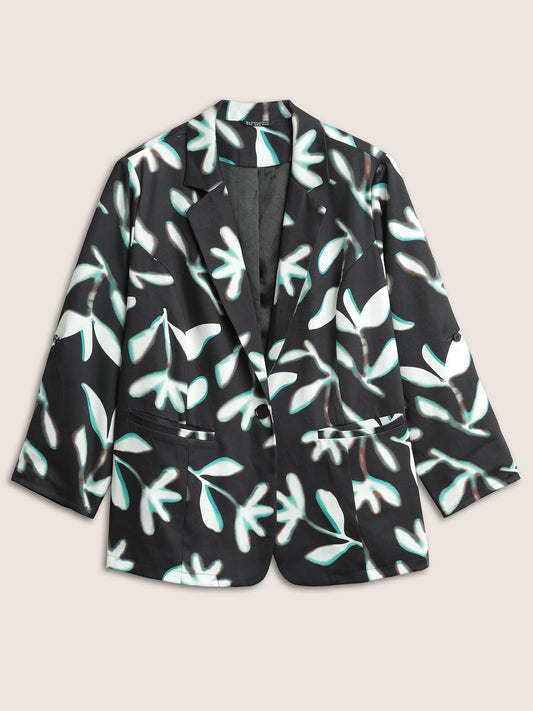 Plants Print Suit Collar Button Up Tab Sleeve Blazer