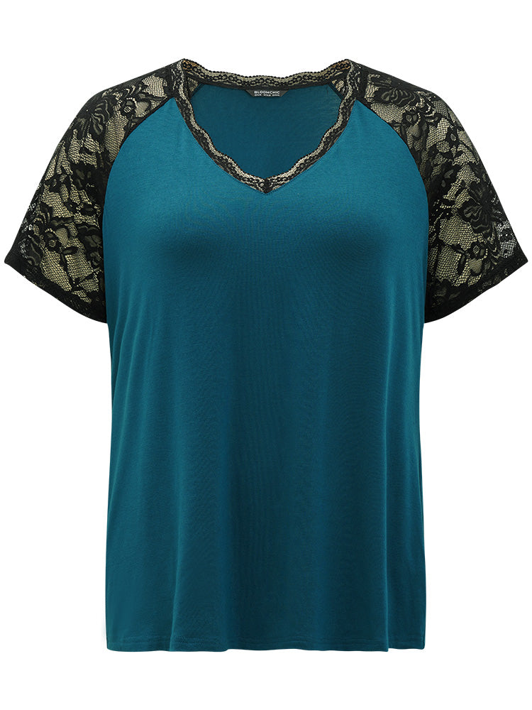 V Neck Contrast Lace Mesh Raglan Sleeve T-shirt