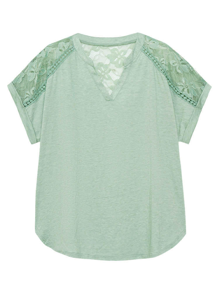 Plain Guipure Lace Notched Roll Batwing Sleeve T-shirt