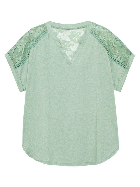 Plain Guipure Lace Notched Roll Batwing Sleeve T-shirt