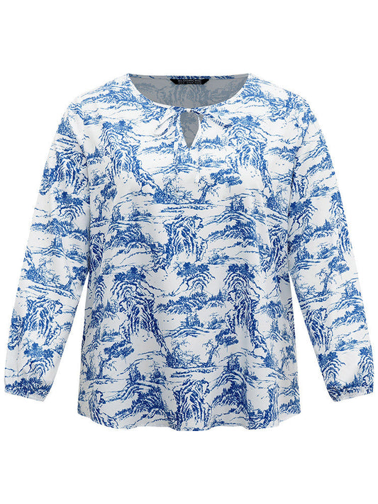 Landscape Print Tie Neck Blouse