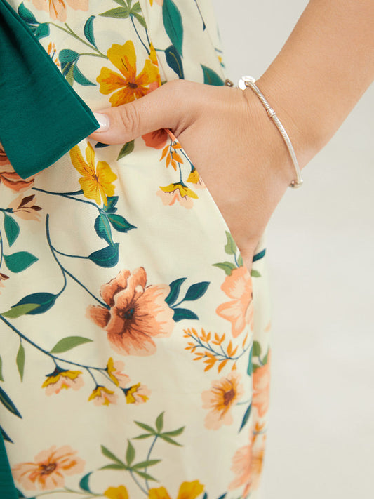 Floral Patchwork Keyhole Belted Pocket Ruffle Trim Cold Shoulder Dress