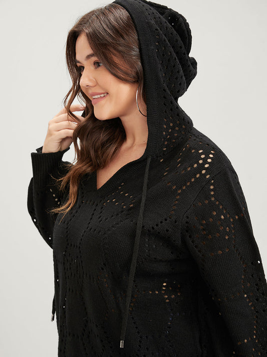 Solid Pointelle Knit Cut Out Drawstring Hooded Knit Top