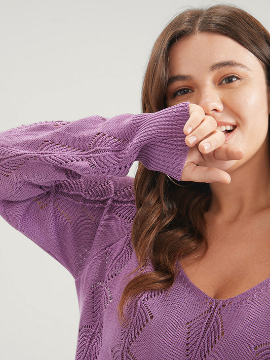 Solid Pointelle Knit Deep V Neck Crochet Sweater