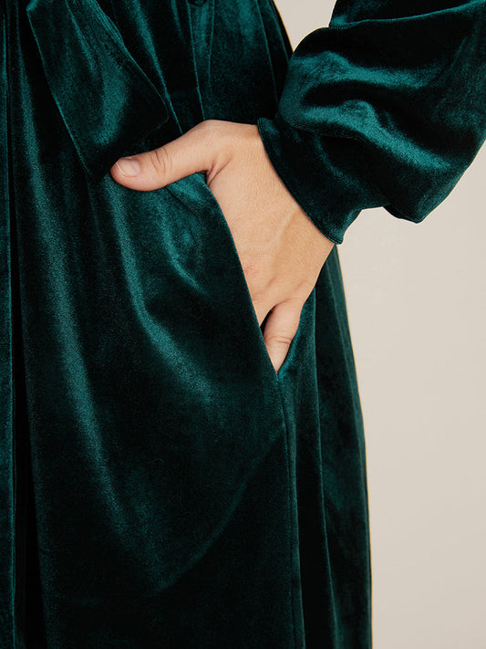 Solid Shirt Collar Pocket Button Up Belted Velvet Dress