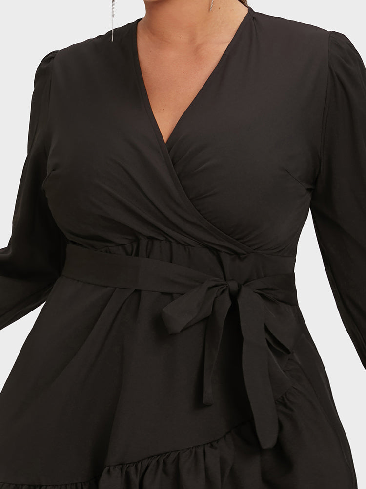 Lantern Sleeve Ruffled Wrap Knot Dress