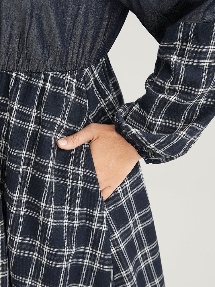 Gingham Patchwork Button Pocket Shirt Collar Dress Without Belt