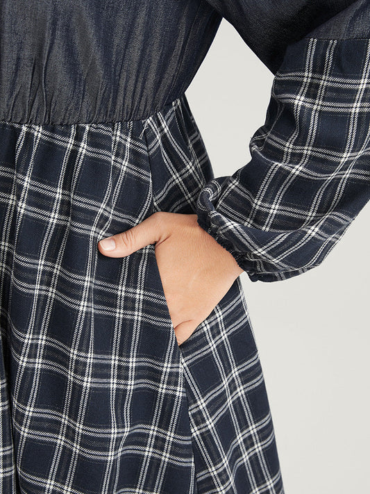 Gingham Patchwork Button Pocket Shirt Collar Dress Without Belt