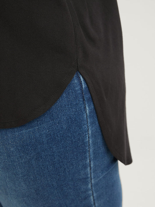 Solid Asymmetrical Hem Cuffed Sleeve Pocket V Neck Blouse