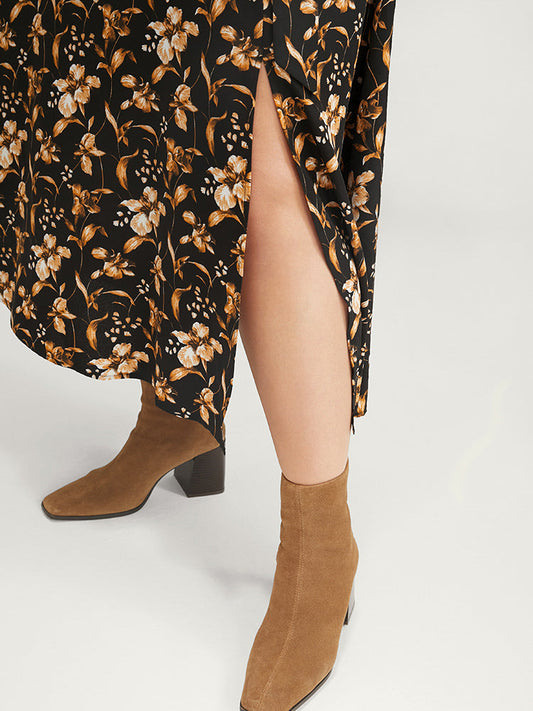 Floral Pocket Bell Sleeve Belted Split Flutter Dress