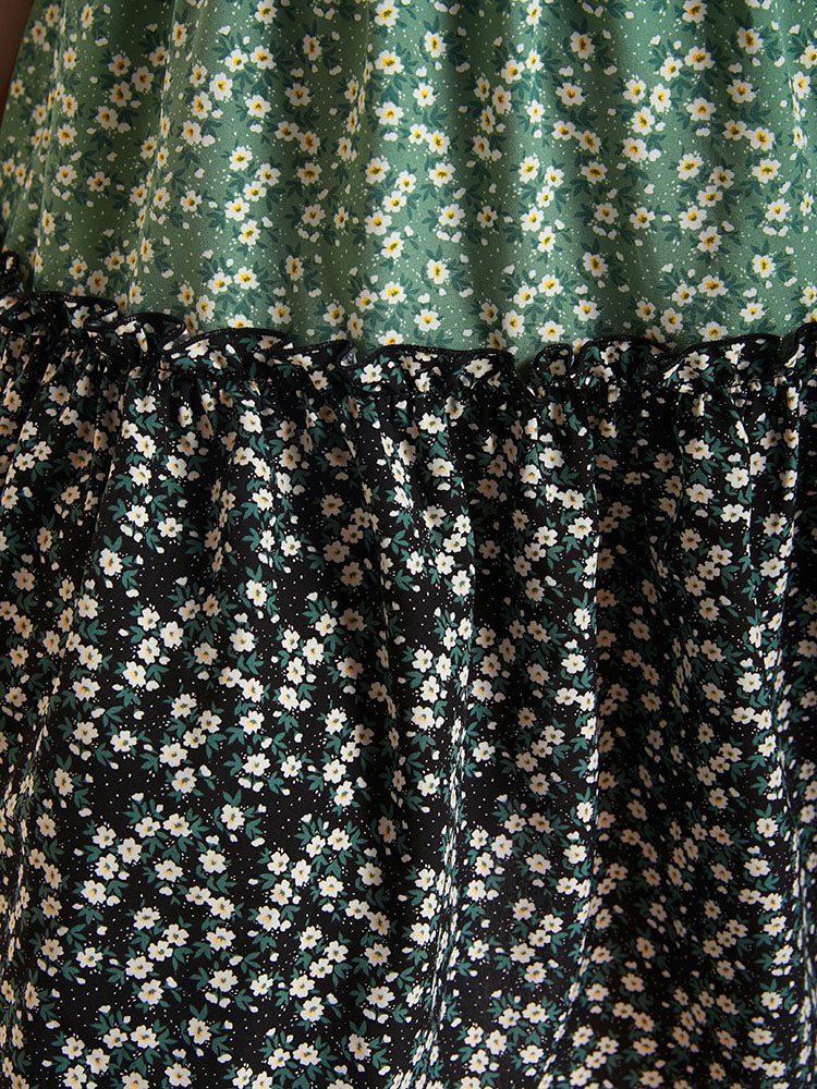 Ditsy Floral Color Block Frill Ruffle Hem Dress