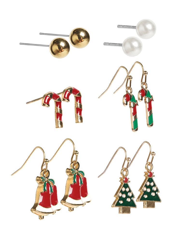6 Pack Bell & Candy Cane Decor Earrings
