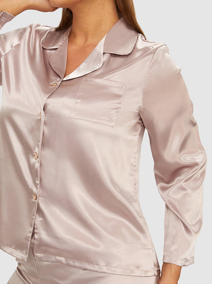 Lapel Collar Satin Button Front Pajama Set