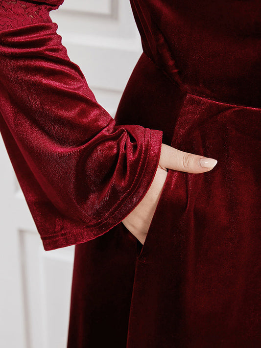 Solid Lace Insert Bell Sleeve Pocket Velvet Dress