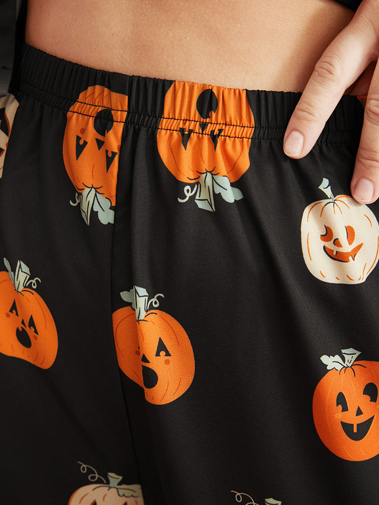 Halloween Pumpkin Print Lapel Collar Button Pajama Set