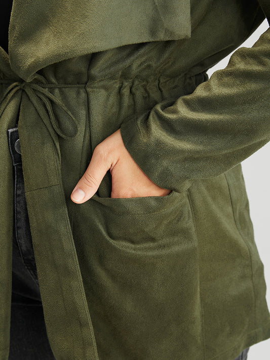 Solid Waterfall Collar Pocket Drawstring Hooded Jacket