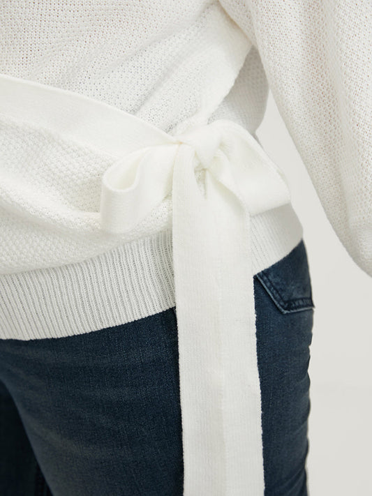 Plain Pointelle Knit Knotted Side Overlap Collar Knit Top