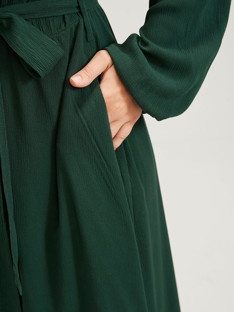 Solid Belted Lantern Sleeve Pocket Flutter Hem Dress