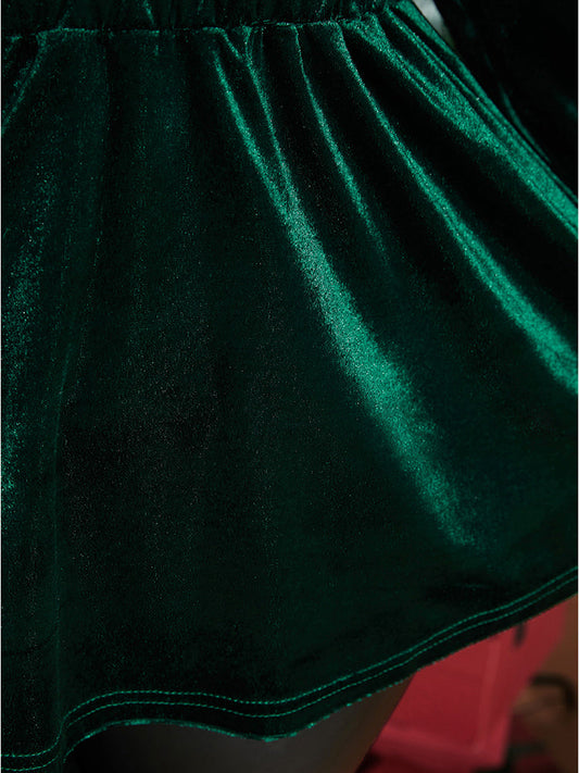 Solid Wrap Ruffle Lantern Sleeve Velvet Long Tee