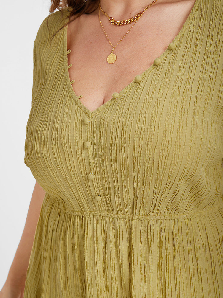 Plain Gathered Ruffles Elastic Waist Button Dress