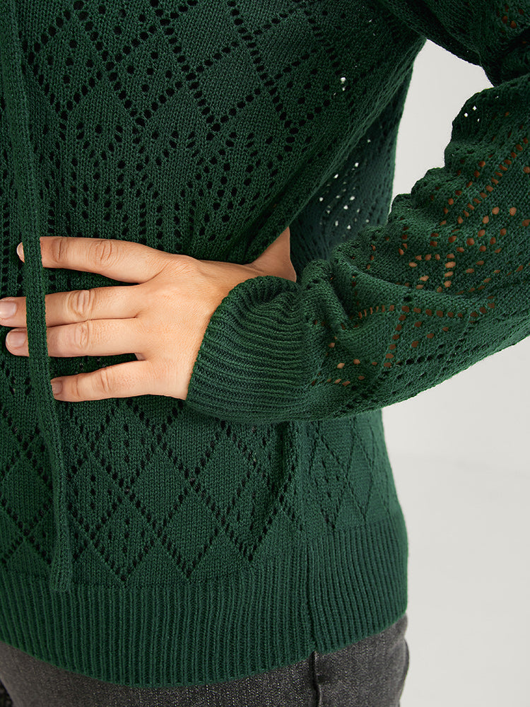 Solid Pointelle Knit Tie V Neck Crochet Knit Top