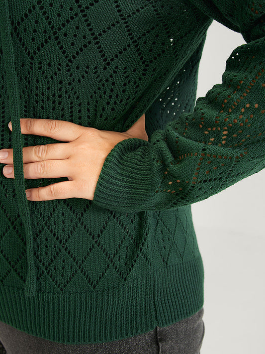 Solid Pointelle Knit Tie V Neck Crochet Knit Top