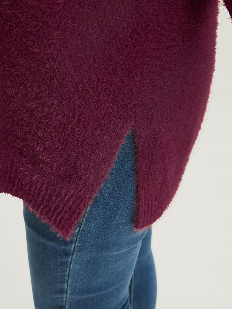 Solid Super Soft Plush Knit Split Hem Heather Knit Top