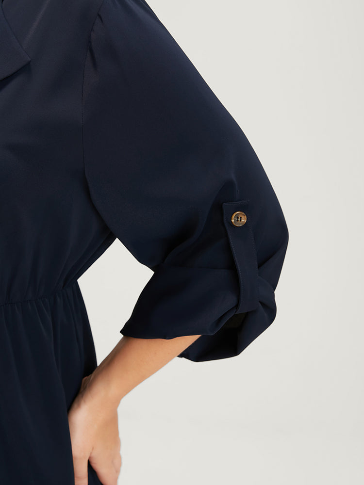 Solid Pocket Button Cuffed Sleeve Suit Collar Jumpsuit