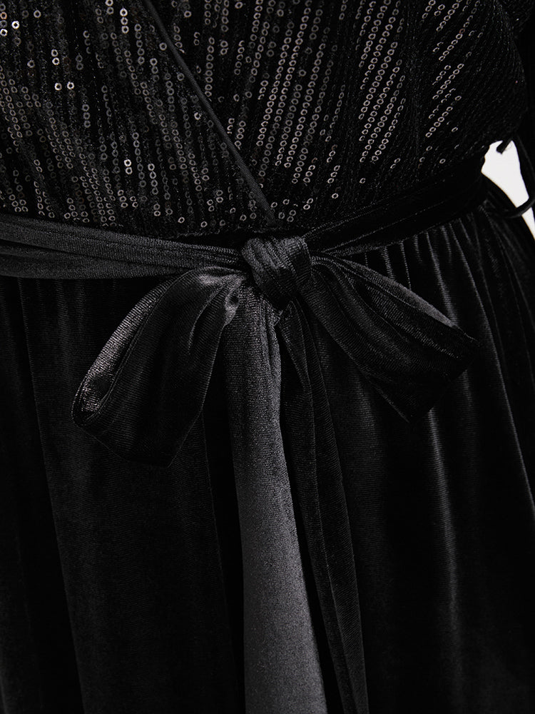 Solid Wrap Pocket Belted Sequin Velvet Maxi Dress