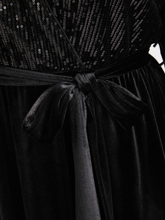 Solid Wrap Pocket Belted Sequin Velvet Maxi Dress