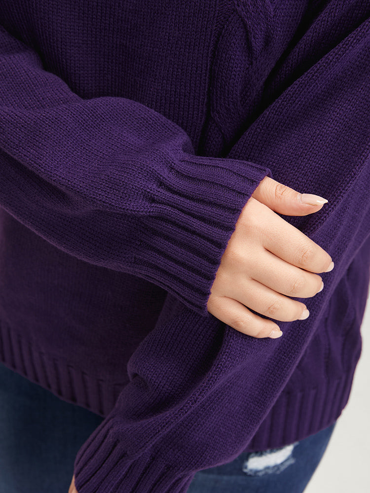 Solid Pointelle Knit Round Neck Asymmetrical Cable Knit Top