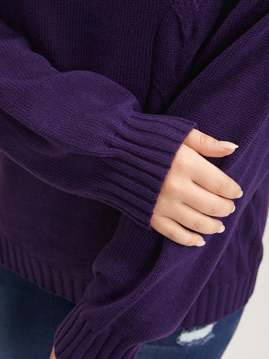 Solid Pointelle Knit Round Neck Asymmetrical Cable Knit Top