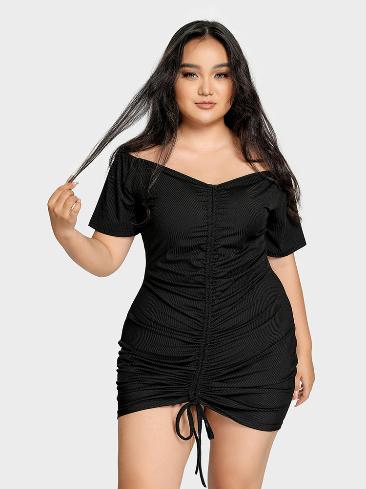 Ruched Knit V Neck Dress