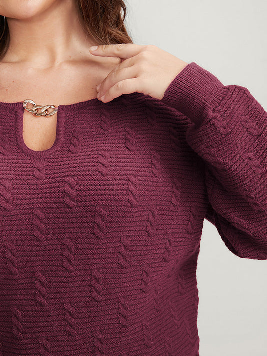 Solid Pointelle Knit Chain Neck Knit Top