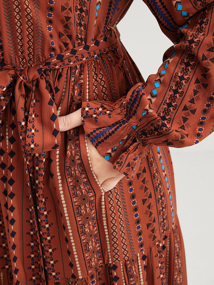 Striped Geometric Belted Pocket Ruffle Tiered Maxi Dress