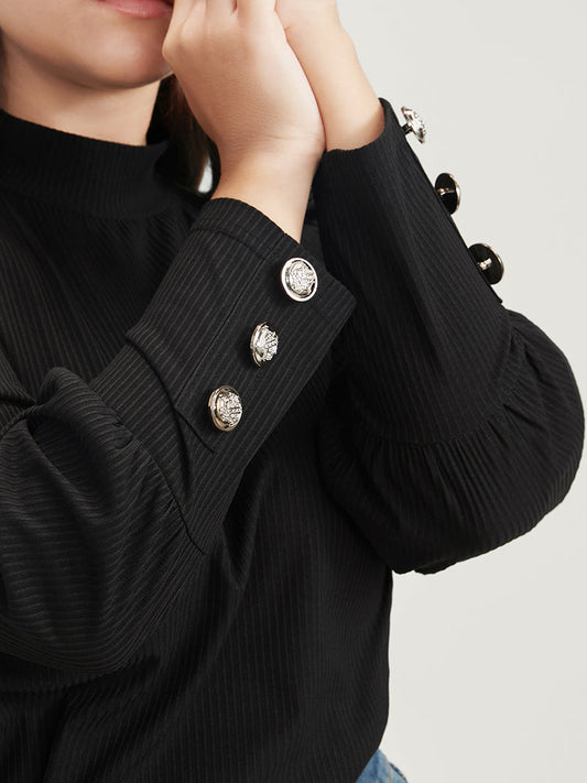 Solid Mock Neck Button Detail Rib Knit Long Tee