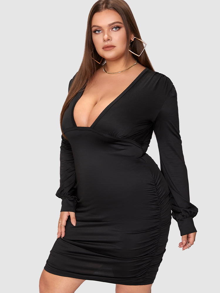 Deep V Neck Ruched Back Bodycon Dress