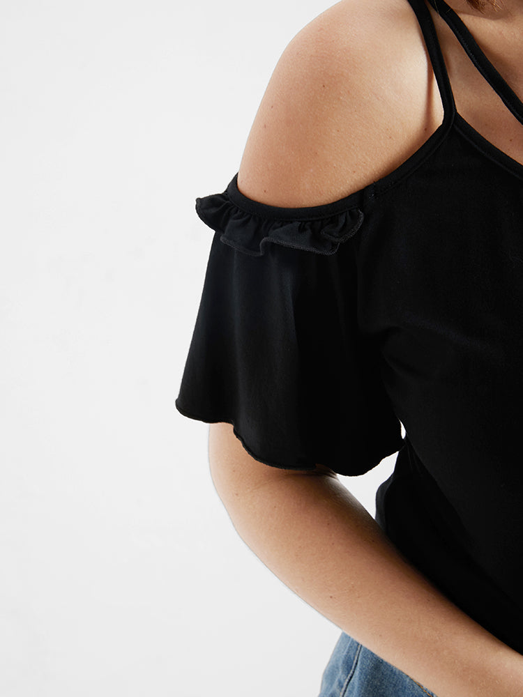 Plain Cold Shoulder Frill Trim T-shirt