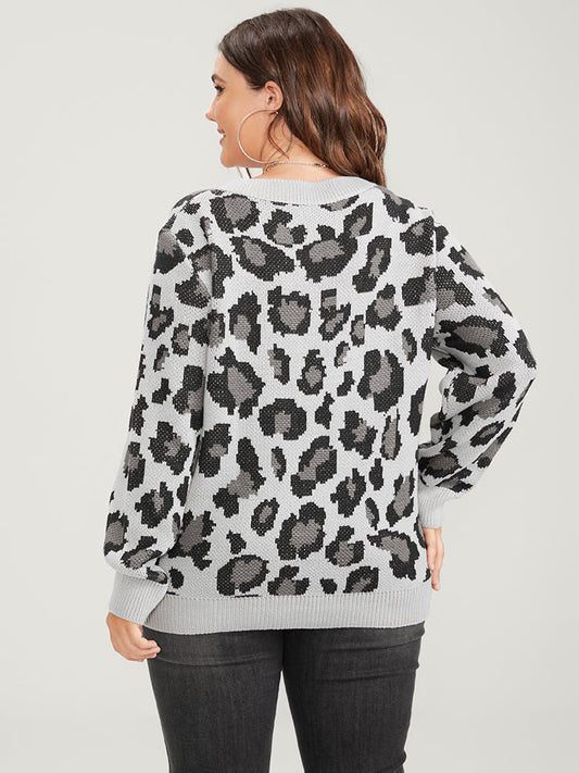 Leopard Pointelle Knit V Neck Jacquard Knit Top