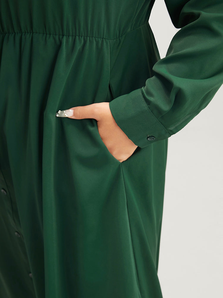 Solid Tie Neck Pocket Fake Button Split Hem Dress